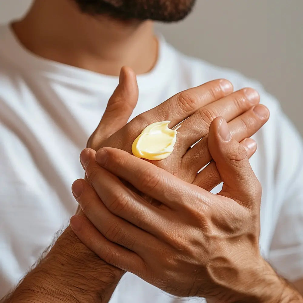 Mann cremt sich Hände mit Salz und Bernstein Handcreme von Salinay Salzkosmetik ein