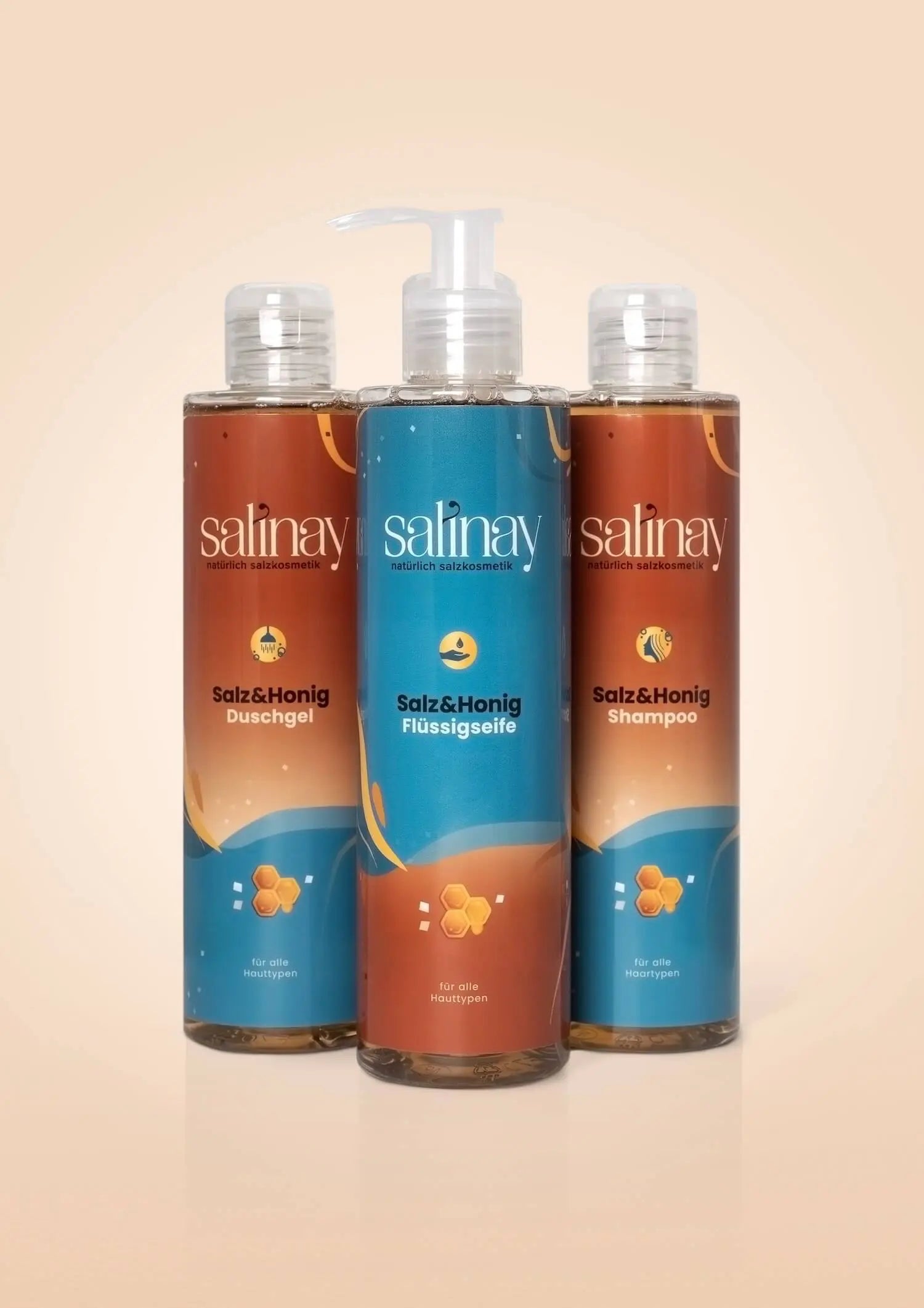 Salz und Honig Flüssigseife, Shampoo und Duschgel von Salinay Salzkosmetik