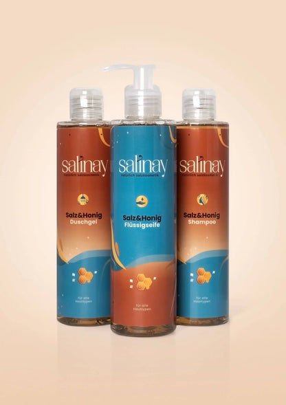 Salz und Honig Flüssigseife, Shampoo und Duschgel von Salinay Salzkosmetik