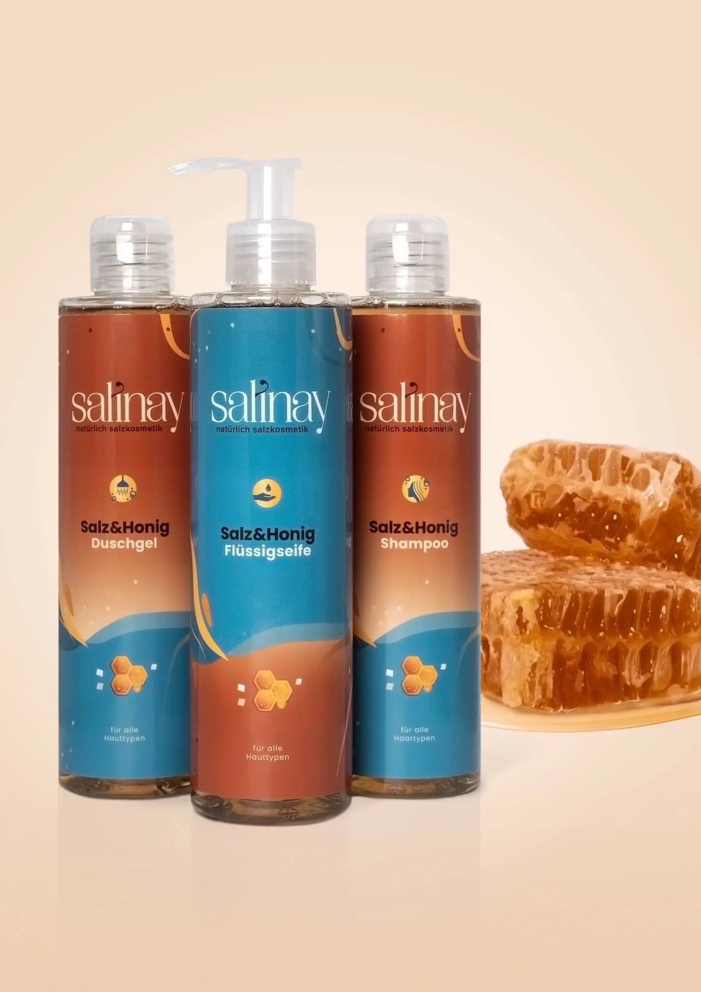 Salz und Honig Shampoo Duschgel Flüssigseife von Salinay Salzkosmetik mit Honigwabe